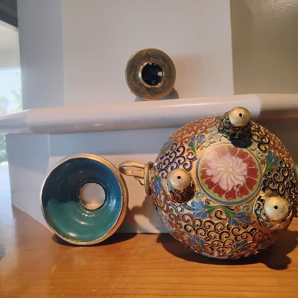 Vtg Large Chinese Cloisonné Brass Incense Burner Wood Stand Champleve Enamel - Picture 11 of 16